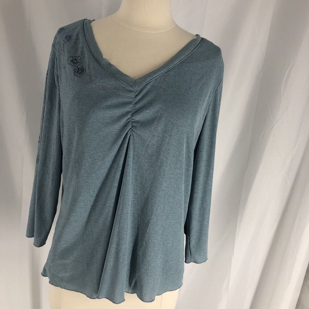 J. Jill Embroidered V-Neck Top Womens XL Blue 3/4 Sleeve Cotton